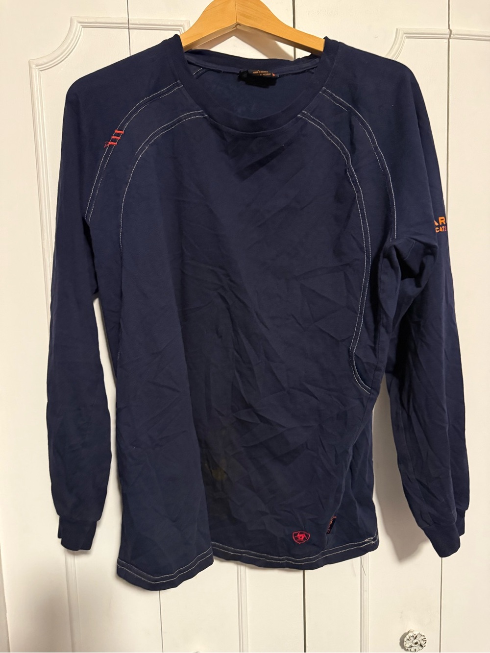 Ariat FR Navy Long Sleeve Crew with Orange Logo Accents fire retardant